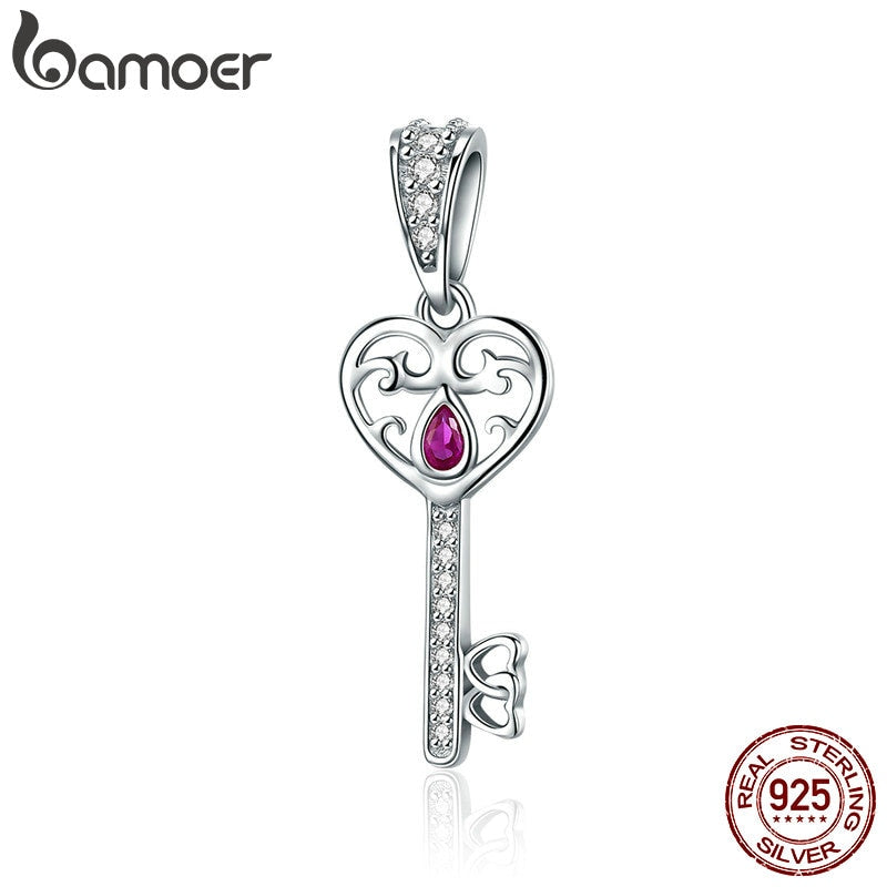 BAMOER 100% 925 Sterling Silver Happiness Key Heart Shape Pendant Charm fit Women Bracelets & Necklaces Jewelry Gift SCC791