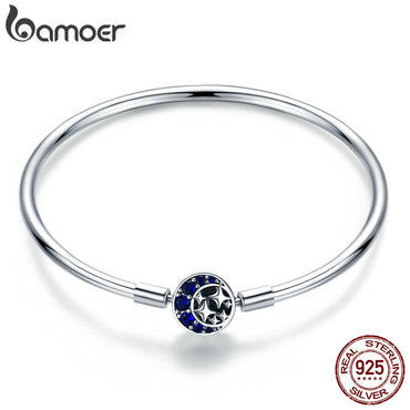 BAMOER Genuine 100% 925 Sterling Silver Blue CZ Moon and Star Bracelet & Bangles for Women Sterling Silver Jewelry S925 SCB080