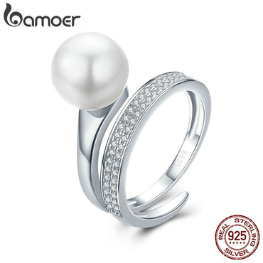 BAMOER Real 100% 925 Sterling Silver Elegant Round Geometric Finger Rings for Women Anniversary Engagement Ring Jewelry SCR231