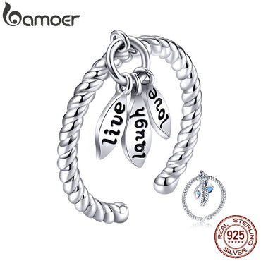 bamoer Boho Tiny Pendant Finger Ring for Women "Love Live Laugh" Courage Rings Vintage 925 Sterling Silver Jewelry SCR570