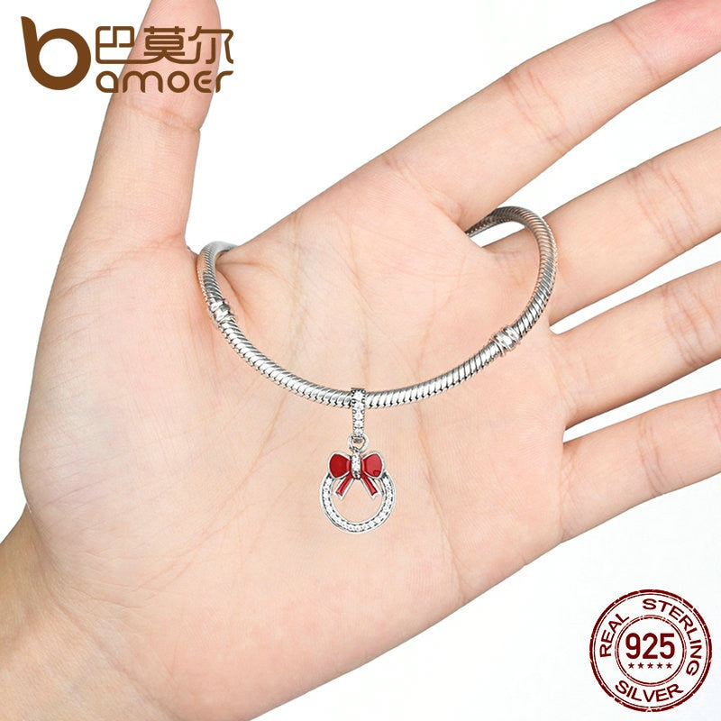 BAMOER Christmas Gift 925 Sterling Silver Christmas Wreath Red Bow Knot Pendant Charms fit Women Bracelets Fine Jewelry SCC077