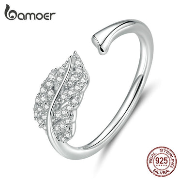 bamoer Silver 925 Jewelry Clear CZ Leaf Finger Rings for Women Open Adjustable Wedding Statement Jewelry Free Size Gifts SCR614