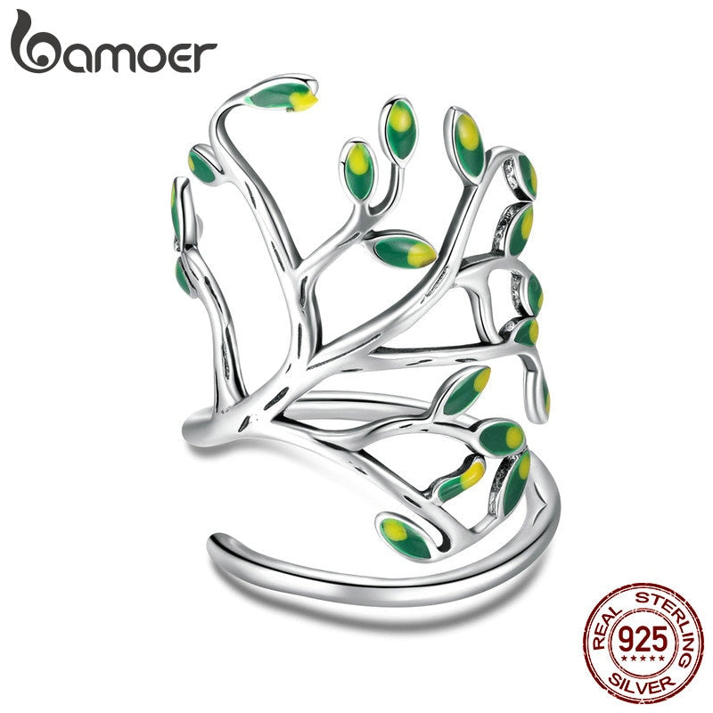 BAMOER 925 Sterling Silver Tree of Life Green Tree Leaves Adjustable Finger Rings for Women Sterling Silver Jewelry SCR454