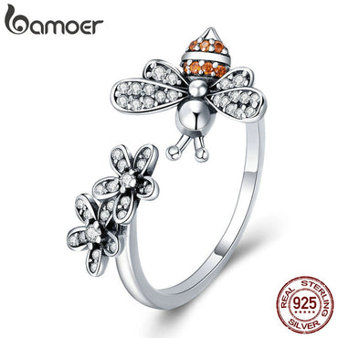 BAMOER 100% 925 Sterling Silver Trendy Bee & Daisy Flower Finger Rings for Women Adjustable Size Valentine Gift Jewelry SCR422