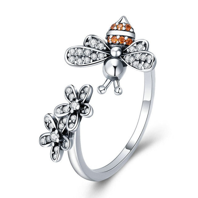 BAMOER 100% 925 Sterling Silver Trendy Bee & Daisy Flower Finger Rings for Women Adjustable Size Valentine Gift Jewelry SCR422