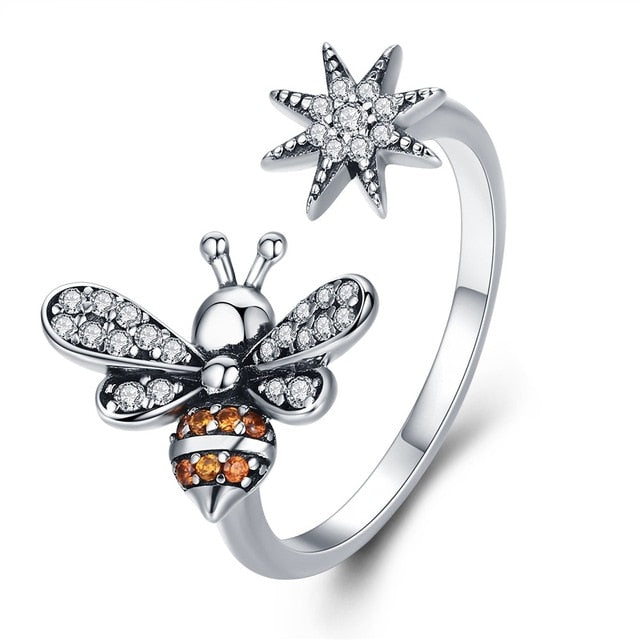 BAMOER 100% 925 Sterling Silver Trendy Bee & Daisy Flower Finger Rings for Women Adjustable Size Valentine Gift Jewelry SCR422