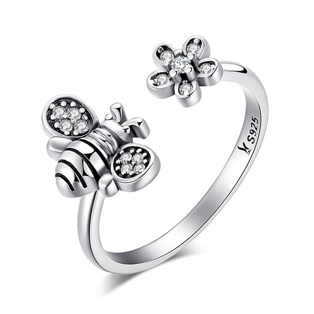 BAMOER 100% 925 Sterling Silver Trendy Bee & Daisy Flower Finger Rings for Women Adjustable Size Valentine Gift Jewelry SCR422