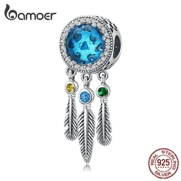 bamoer Dream Catcher Feather Long Glass Beads Charm fit Original 925 Women Bracelet Sterling Silver 925 Jewelry Making SCC1384