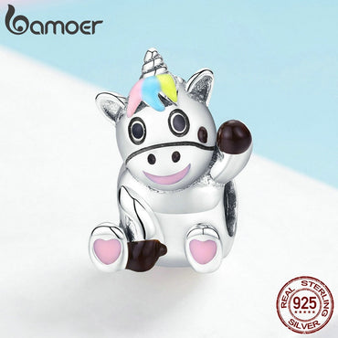 BAMOER Genuine 925 Sterling Silver  Cute Licorne Colorful Enamel Beads fit Charms Bracelets Bangles DIY Jewelry BSC041