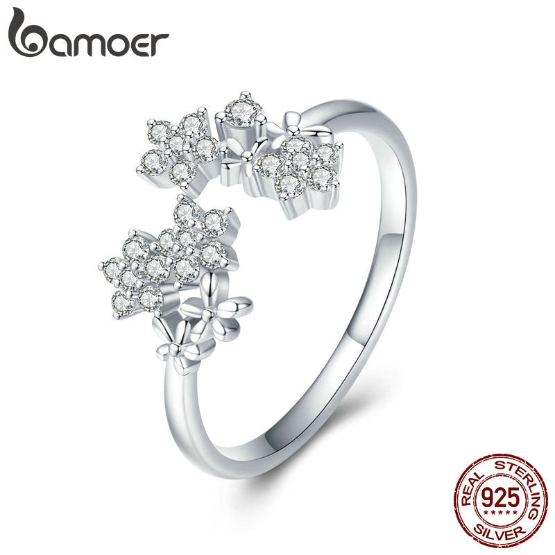 BAMOER Shining Authentic 925 Sterling Silver Daisy Clear CZ Adjustable Finger Rings for Women Wedding Engagement Jewelry BSR021