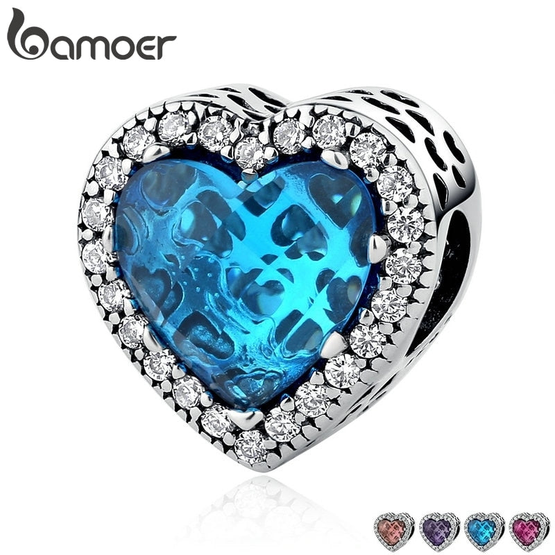 BAMOER 925 Sterling Silver Jewelry Radiant Hearts Beads Charms Fit Bracelets Women 4 Color Stone Mother's Day Gift PSC054