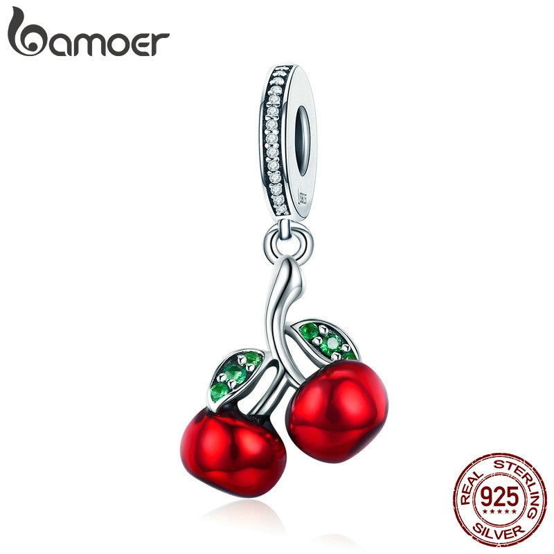 BAMOER Trendy 925 Sterling Silver Fruit Red Enamel Cherry pendant Charm Fit Women Bracelets & Necklaces Fashion Jewelry SCC784