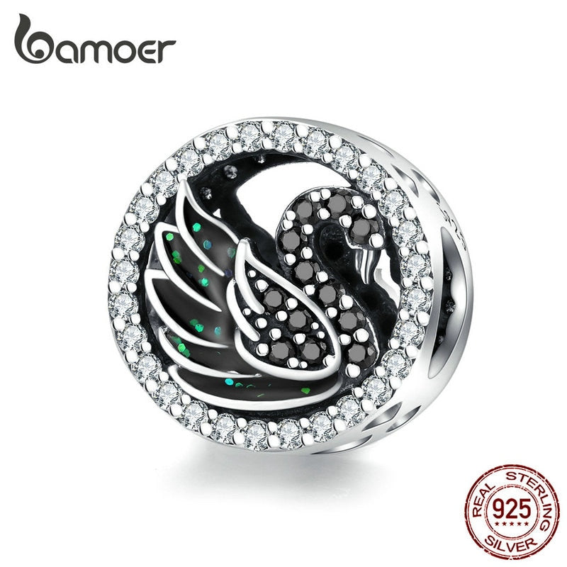 bamoer Black Swan Round Beads for Women Jewelry Making Silver 925 Original Charm fit Bracelet & Bangle Design Jewelry SCC1342