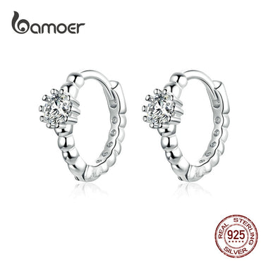 bamoer Silver Wedding Ear Hoops for Women Clear Cubic Zirconia Tiny Circle Earrings Korean Crystal Fashion Jewelry BSE194
