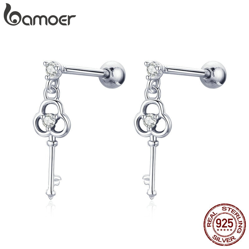 BAMOER Exquisite 100% 925 Sterling Silver Heart Key Small Stud Earrings for Women Wedding Engagement Silver Jewelry Gift SCE539