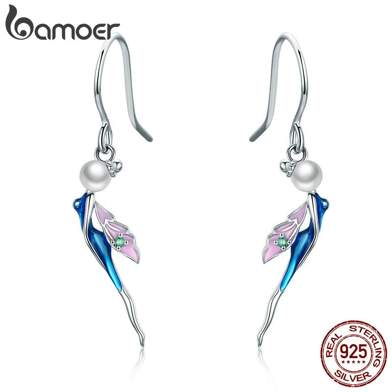 BAMOER Romantic 100% 925 Sterling Silver Figure Lovely Fairy Crystal Drop Earrings for Women Sterling Silver Jewelry Gift SCE378
