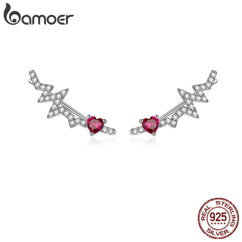 bamoer Authentic 925 Sterling Silver Long Stud Earrings for Women Pink CZ Heartbeat Luxury Wedding Statement Jewelry SCE819