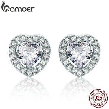 BAMOER New Arrival 925 Sterling Silver Double Heart Love Stud Earrings for Women Clear CZ Silver Earrings Jewelry Brincos SCE059