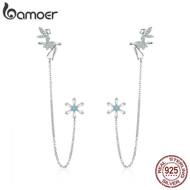 bamoer Fairy Elf Long Chain Clip and Stud Earrings for Women Genuine 925 Sterling Silver Girl Gifts Design Fine Jewelry BSE201