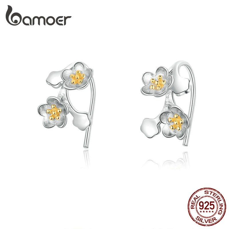 bamoer Silver 925 Sakura Floral Branch Tiny Earrings for Women Sterling Silver 925 Vivid 3D Flower Fine Bijoux Orecchini SCE778