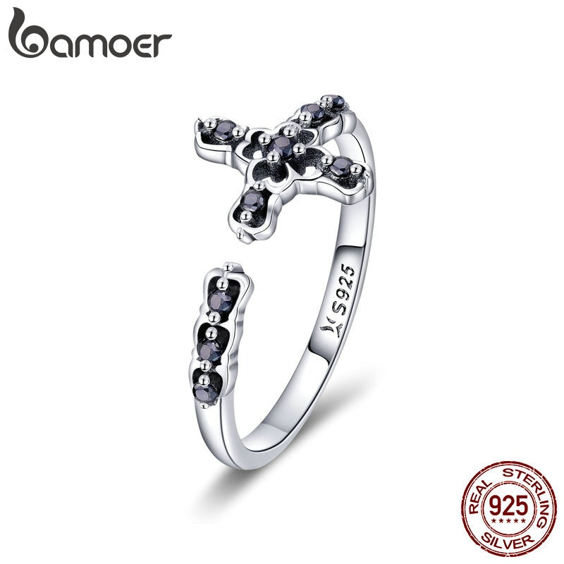 BAMOER Classic 925 Sterling Silver Faith Cross Adjustable Finger Rings for Women Black CZ Sterling Silver Ring Jewelry SCR447