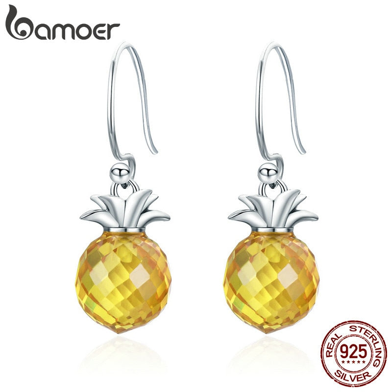 BAMOER 100% 925 Sterling Silver Hanging Pineapple Crystal Hanging Drop Earrings for Women Sterling Silver Jewelry Gift SCE265