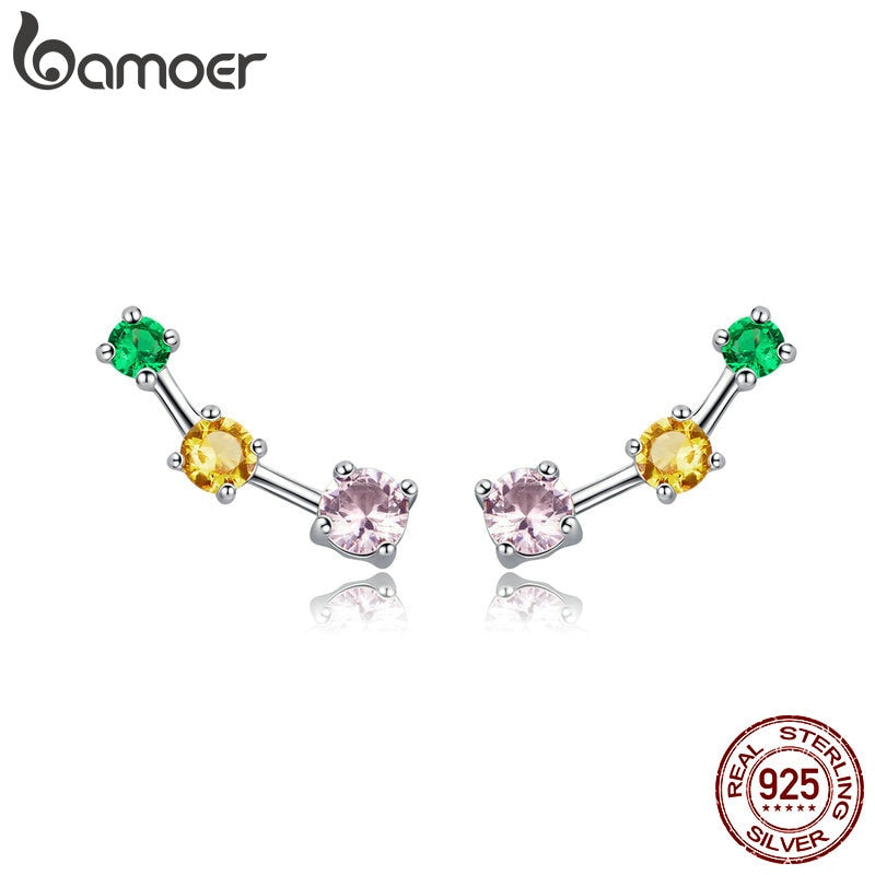 BAMOER Spring Collection 925 Sterling Silver Colorful Square Zircon Exquisite Stud Earrings for Women Fashion Jewelry SCE495