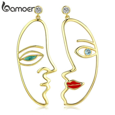 BAMOER Hot Sale Trendy Silver Color Hyperbole Picasso Face Drop Earrings for Women Clear CZ Wedding Engagement Jewelry YIE131