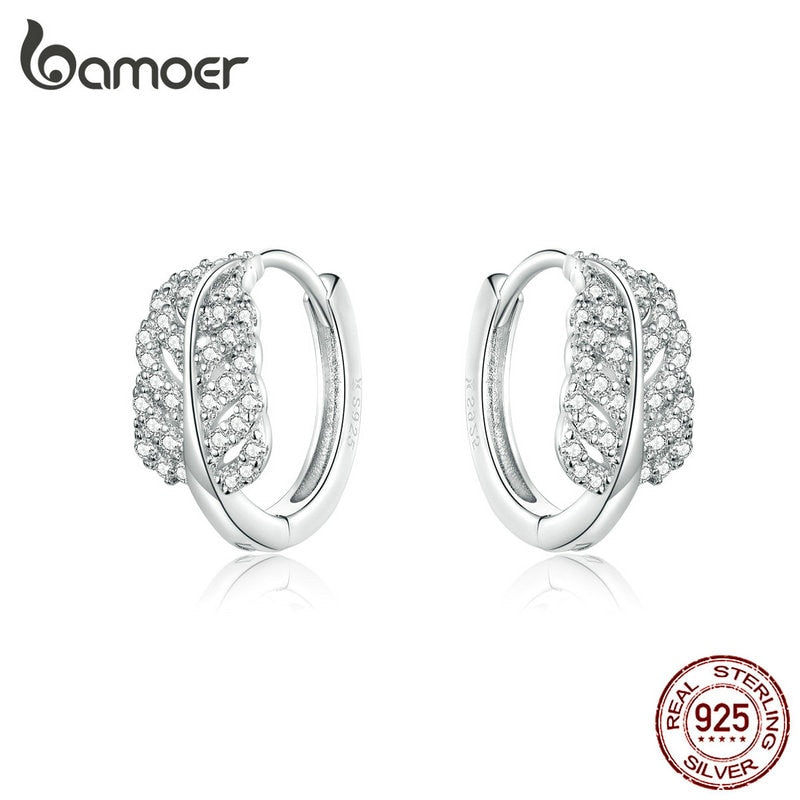bamoer Luxury Feather Hoop Earrings for Women Wedding Engagement Statement Jewelry 925 Sterling Silver Bijoux 2019 New SCE772