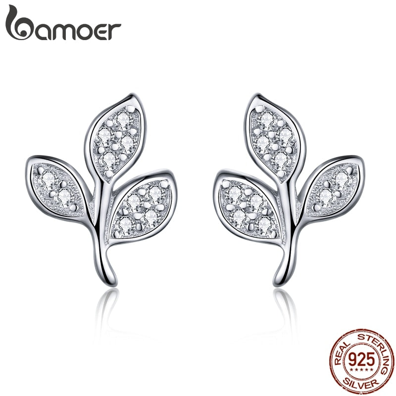 BAMOER Fashion 925 Sterling Silver Tree of Life Dazzling CZ Tree Leaves Stud Earrings For Women Sterling Silver Jewelry SCE431
