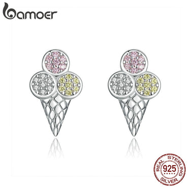 bamoer Summer Ice Cream Ball Stud Earrings for Women Colorful CZ Sterling Silver 925 Jewelry Korean Design Bijoux SCE642