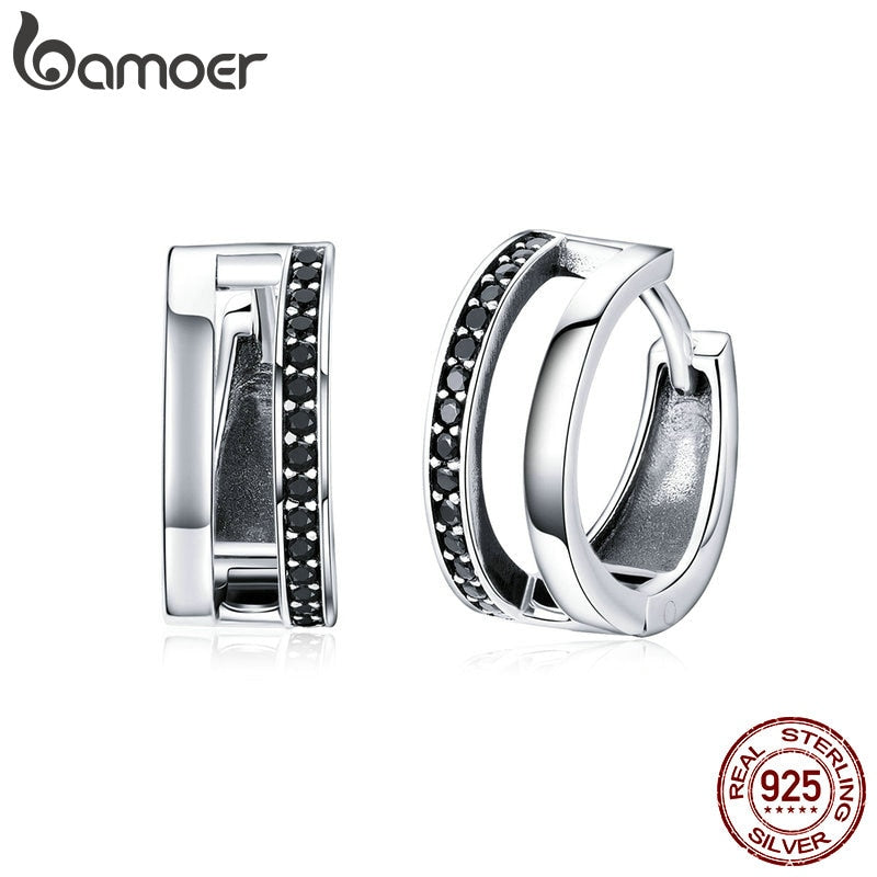 BAMOER Classic 925 Sterling Silver Simple Double Round Circle Black CZ Hoop Earrings for Women Fine Jewelry Gift SCE444