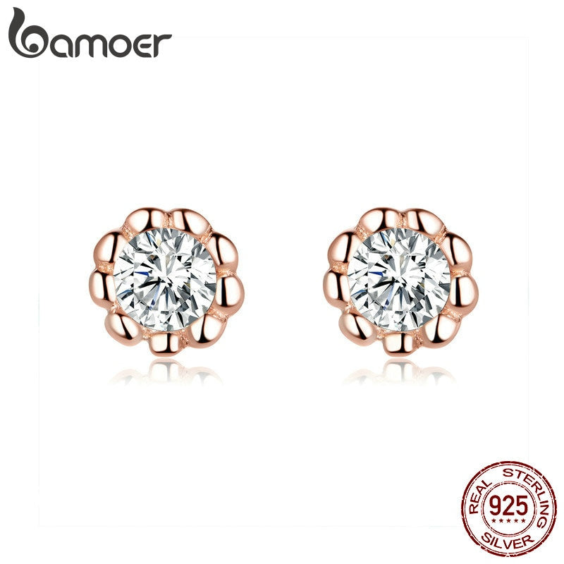 bamoer Basic Round Rose Color Stud Earrings for Women Clear Cubic Zirconia 925 Sterling Silver Wedding Statement Jewelry BSE219
