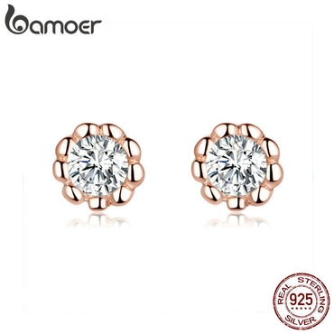 bamoer Basic Round Rose Color Stud Earrings for Women Clear Cubic Zirconia 925 Sterling Silver Wedding Statement Jewelry BSE219