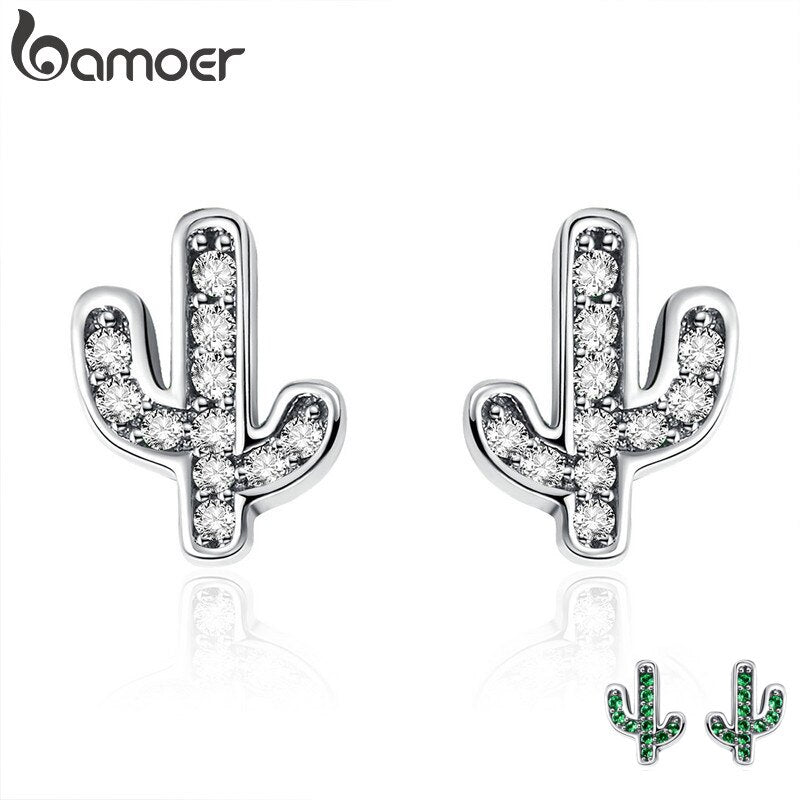 BAMOER Spring Collection 100% 925 Sterling Silver White & Green Cactus Stud Earrings for Women Silver Jewelry Bijoux  SCE286