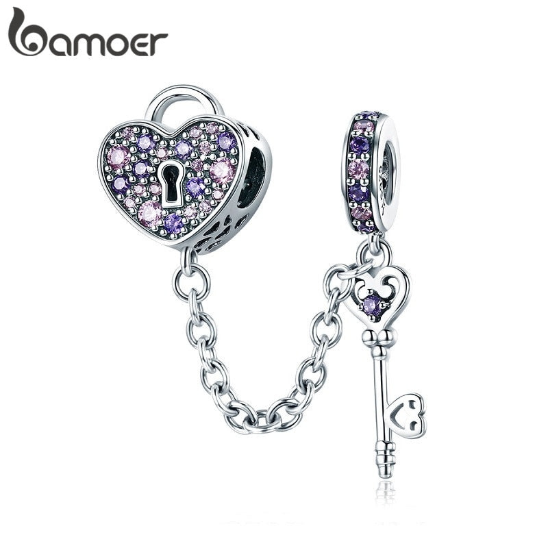 BAMOER 100% 925 Sterling Silver Key of Heart Lock Crystal CZ Chain Charms Fit Charm Bracelets & Necklaces Chain Jewelry SCC772