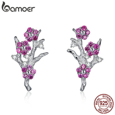 BAMOER New Collection 925 Sterling Silver Wintersweet Blooming Plum Flower Stud Earrings Women Silver Jewelry Gift BSE040