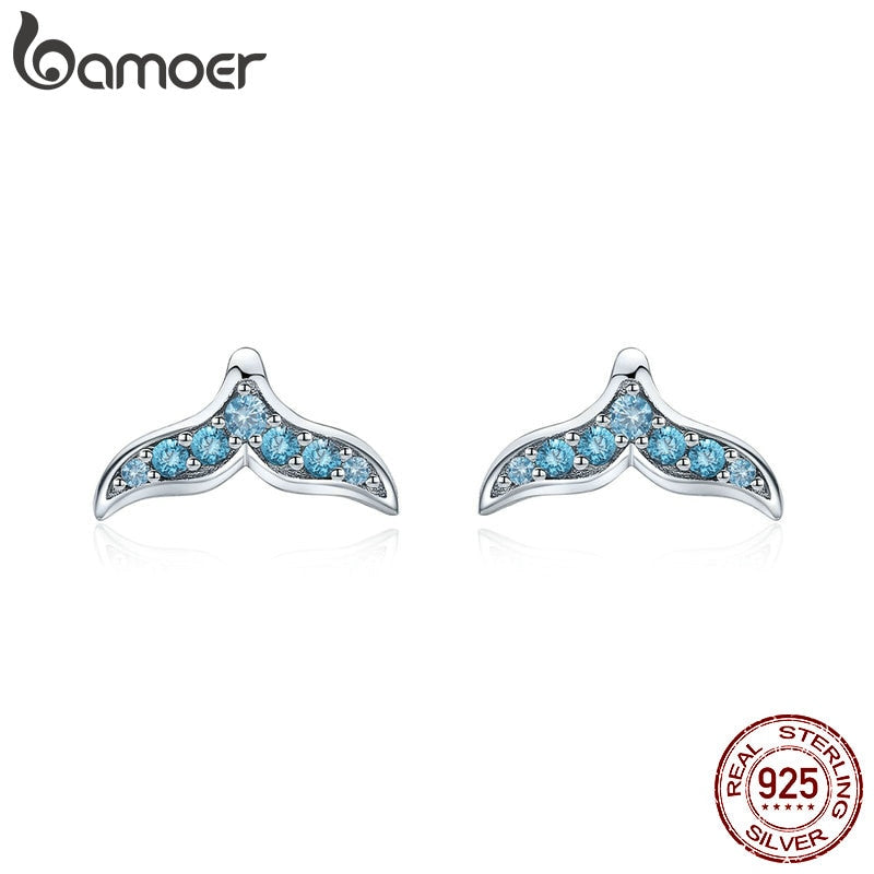 BAMOER Hot Sale 100% 925 Sterling Silver Blue Zircon Mermaid Fishtail Small Stud Earrings for Women Silver Jewelry BSE058