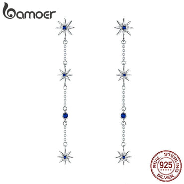 BAMOER Fashion 925 Sterling Silver Shining Star Clear Zircon Long Chain Drop Earrings for Women Wedding Earrings Jewelry BSE060