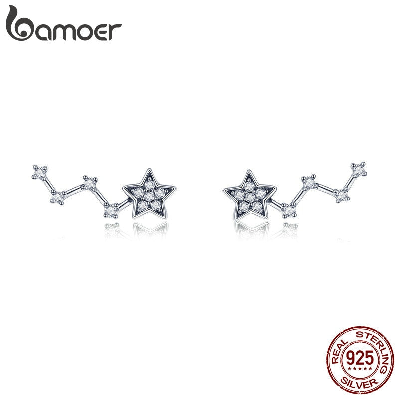 BAMOER Real 925 Sterling Silver Elegant Sparkling Star Crystal CZ Small Stud Earrings for Women Fashion Earrings Jewelry SCE439