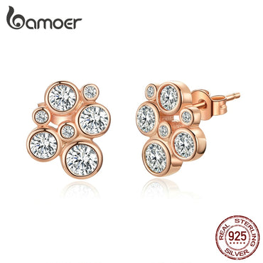 bamoer  Clear CZ Bubble Stud Earrings for Women Rose Gold Color 925 Sterling Silver Wedding Statement Jewelry Brincos SCE810