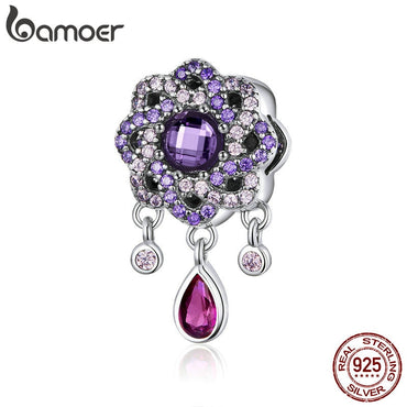 BAMOER High Quality 925 Sterling Silver Purple Flower Shape Charms Pendants Fit Charm Bracelets & Necklaces Jewelry SCC1075