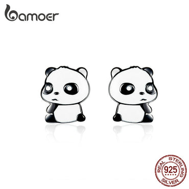 bamoer Panda Baby Enamel Silver Stud Earrings for Girl Black and White Animal Ear Studs 925 Sterling Silver Women Gifts BSE252