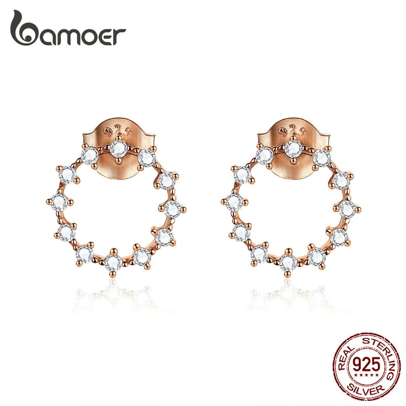 bamoer Silver 925 Stud Earrings for Women Rose Gold Color 925 Sterling Silver CZ Round Ear Stud Wedding Statement Jewelry BSE323