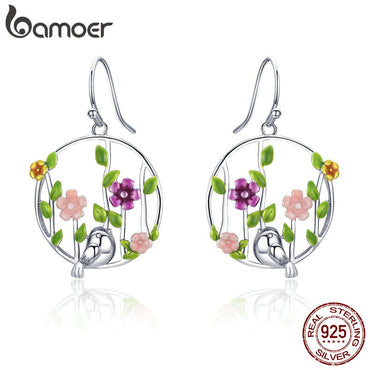 BAMOER Genuine 925 Sterling Silver Blooming Forest Birds Secret Drop Earrings for Women Sterling Silver Earrings Jewelry SCE480