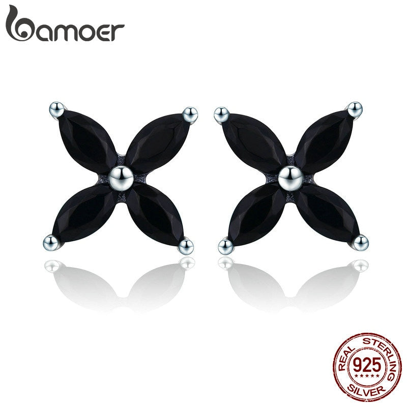 BAMOER 100% Authentic 925 Sterling Silver Small Clover Flower Black CZ Stud Earrings for Women Sterling Silver Jewelry SCE362