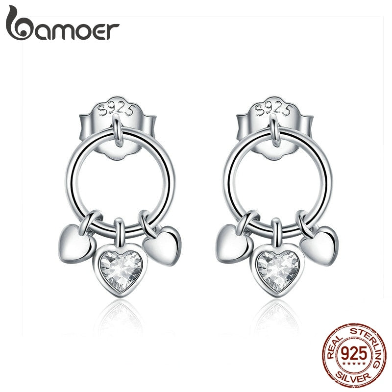 BAMOER Romantic Genuine 925 Sterling Silver Heart to Heart Stud Earrings for Women Clear CZ Sterling Silver Jewelry Gift SCE494