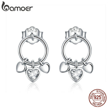 BAMOER Romantic Genuine 925 Sterling Silver Heart to Heart Stud Earrings for Women Clear CZ Sterling Silver Jewelry Gift SCE494