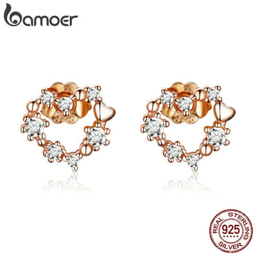 BAMOER Authentic 925 Sterling Silver Shining Heart & Luminous Cubic Zircon Love Stud Earrings for Women Silver Jewelry SCE575