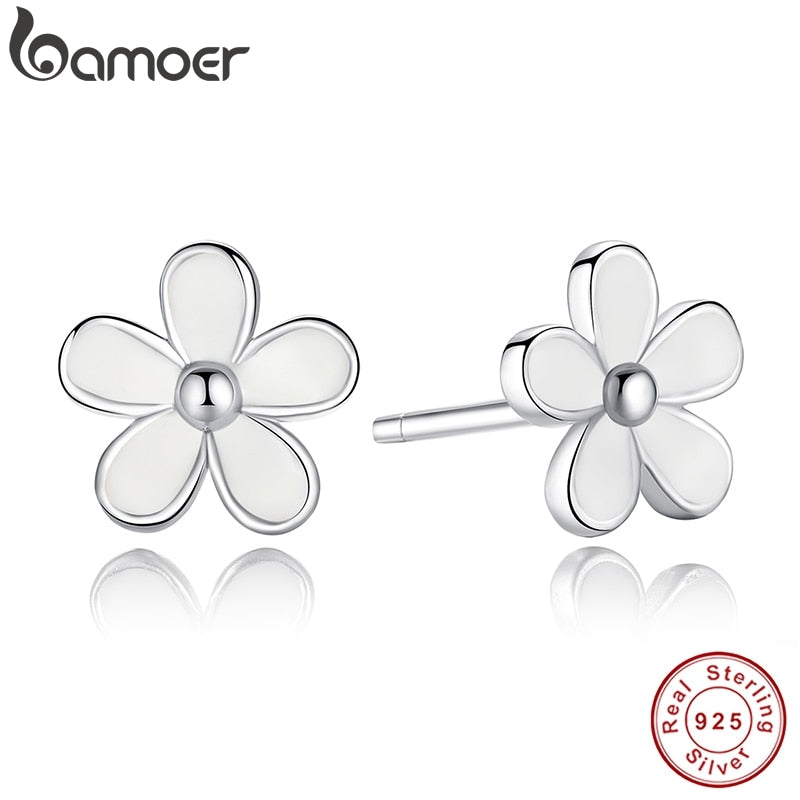 925 Sterling Silver Darling Daisy Stud Earring White Enamel With Clear CZ Compatible with Jewelry Special Store PAS409
